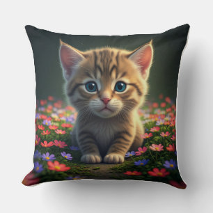 Coussin Charming Kitten in Floral Meadow Thlow Pillow