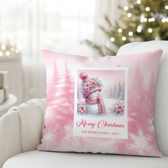 Coussin Charming Pink Snowman Christmas Scene Pillow Gift (Charming Pink Snowman Christmas Scene Pillow Gift)
