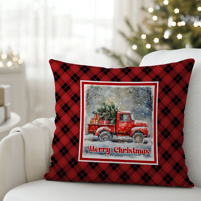 Coussin Charming red truck winter scene rustic holiday  (Charming red truck winter scene rustic holiday Throw Pillow )