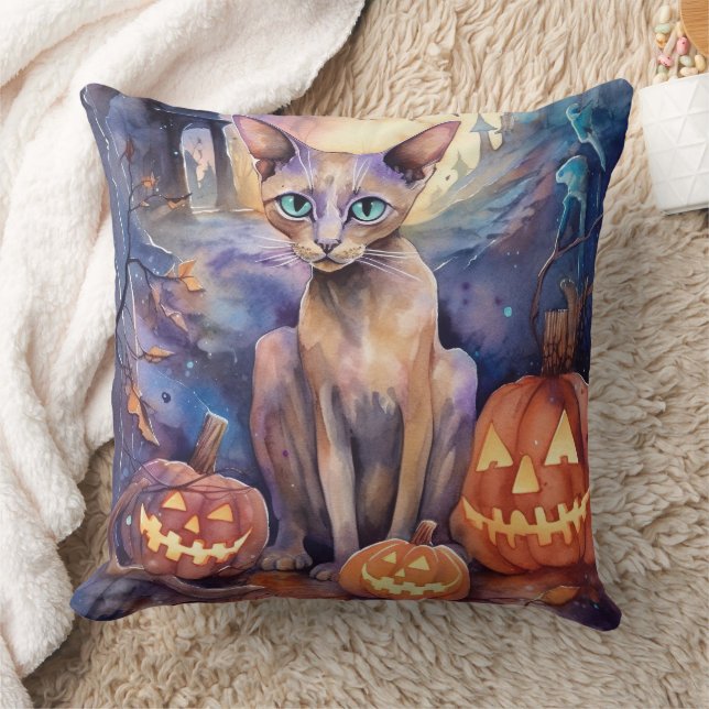 Coussin Chat abyssin d'Halloween avec citrouilles effrayan (Couverture)