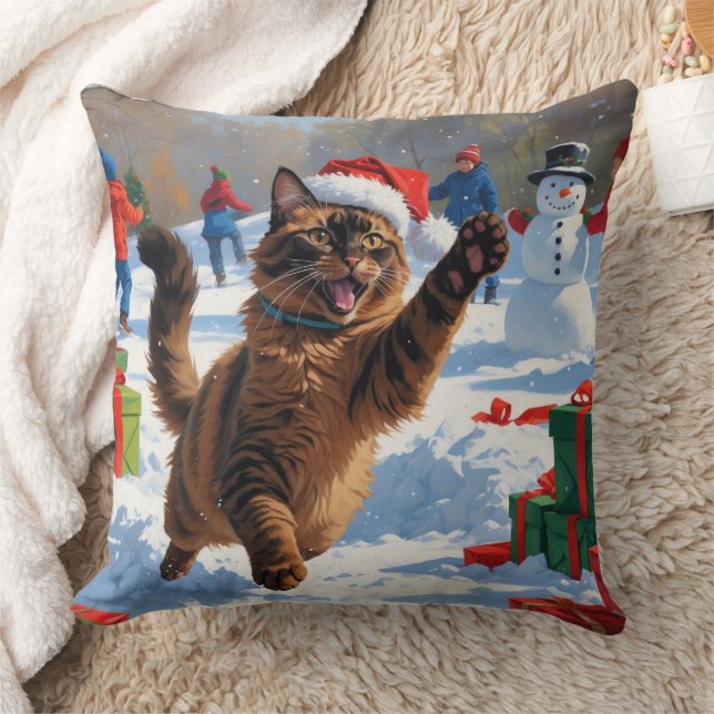 Coussin Chat abyssin Scène de neige festive de Noël (Couverture)
