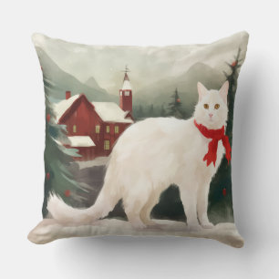 Coussin Chat angora turc à Noël sous la neige