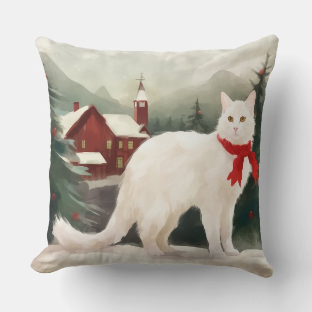 Coussin Chat angora turc à Noël sous la neige (Recto)