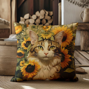 Coussin Chat Aquarelle Fleurs de soleil peinture florale