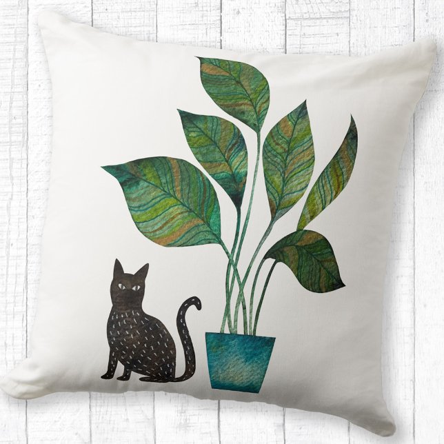 Coussin Chat avec aquarelle Plante pointé (Watercolor cat and house plant pillow)