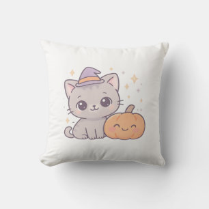 Coussin Chat avec chapeau de sorcière et citrouille souria