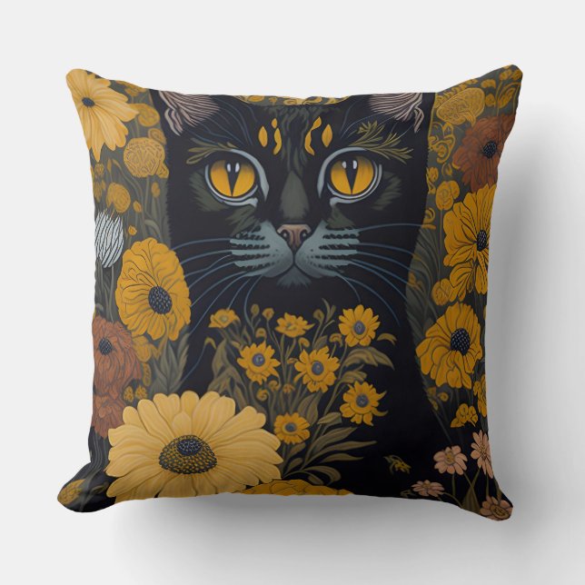 Coussin Chat avec de grands yeux devant les fleurs #2 (Recto)