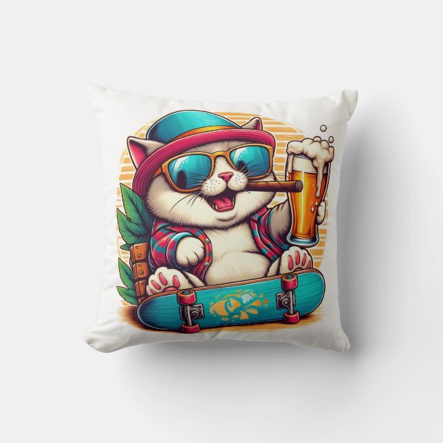 Coussin Chat avec lunettes de soleil célébrant sur un skat (Recto)