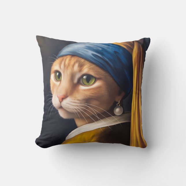 Coussin Chat avec une oreille de perle | Funny Vermeer Par (Recto)