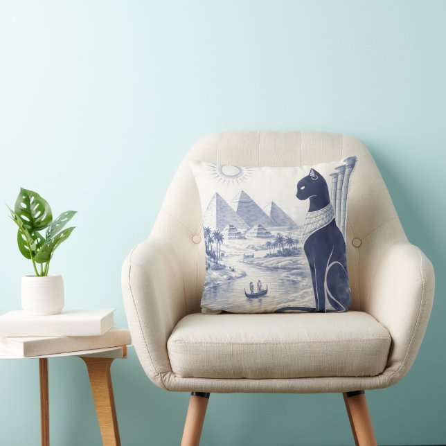 Coussin Chat Bastet égyptien antique et Pyramides Bleu  (Chaise)