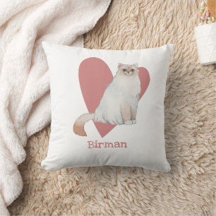 Coussin Chat Birman Aquarelle Kitty Coeur rose