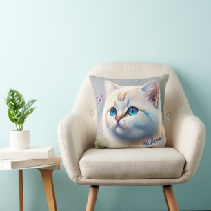 Coussin chat blanc aux yeux bleus, peinture à l'aquarelle