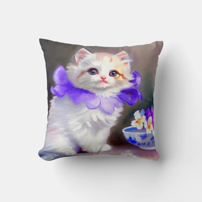 Coussin Chat blanc avec collier de fleurs violettes (Recto)