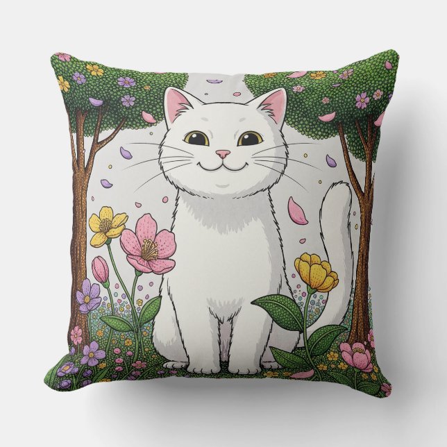 Coussin Chat blanc dans un jardin coloré (Recto)