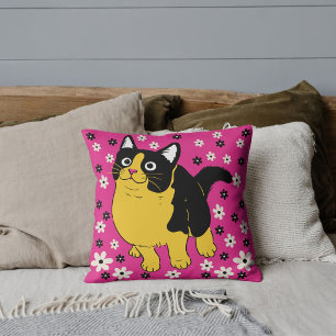 Coussin Chat Blanc Jaune Noir Cute Et Fleurs Sur Rose