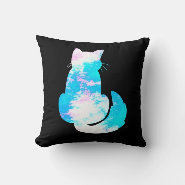 Coussin Chat Blanc Rose Bleu Dos Tourné Abstrait (Recto)