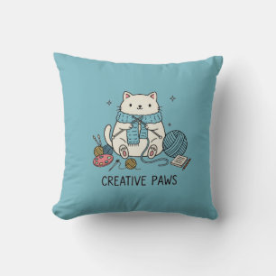 Coussin Chat Blanc Tricotant Loisir Mignon Décoration Mais