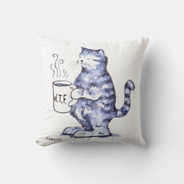 Coussin Chat bleu avec tasse WTF (Recto)