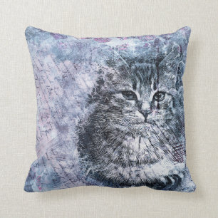 Coussin Chat bleu d'aquarelle pourpre