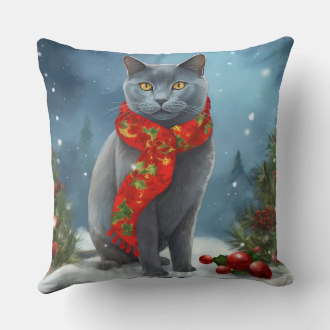 Coussin Chat Bleu Russe à Noël sous la neige (Verso)