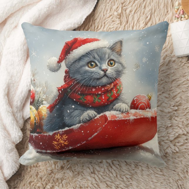 Coussin Chat bleu russe en sangle laissez-le neiger Noël (Couverture)