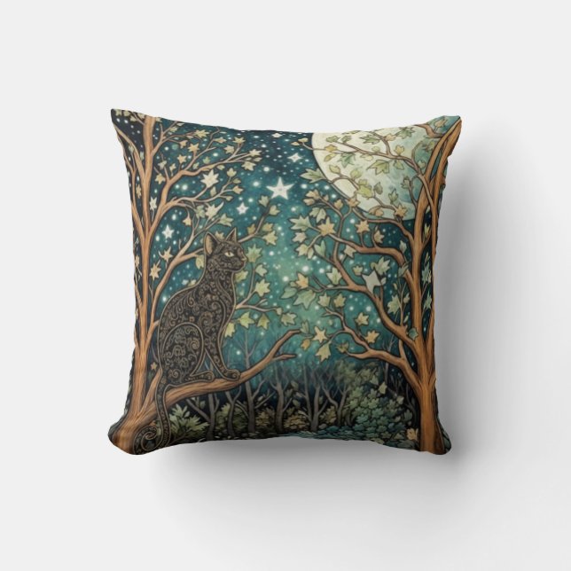 Coussin Chat boho ciel nocturne étoilé forêt boisée (Recto)