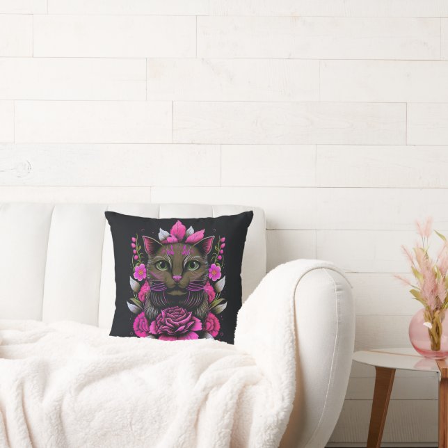 Coussin Chat Brown Whimsical avec Fleurs Roses Jeter Oreil (Canapé)