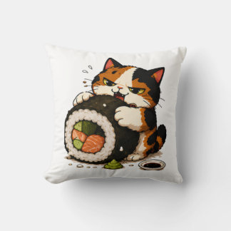 Coussin Chat calico grincheux amateur de sushi