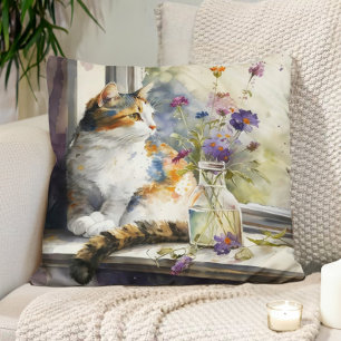 Coussin Chat calicot Fleurs violettes Fenêtre Lumière du s