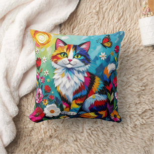 Coussin Chat coloré et papillon