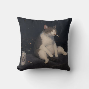 Coussin Chat cool qui fume avec une canette de bière vue s