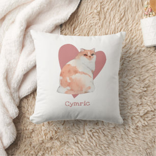 Coussin Chat Cymric Aquarelle Kitty Coeur rose