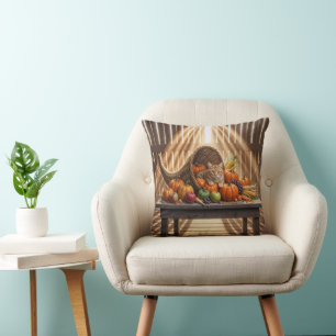 Coussin Chat dans une corne d'abondance de Thanksgiving