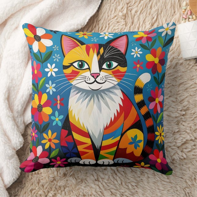 Coussin Chat d'art populaire Boho, fleurs et papillon   (Couverture)