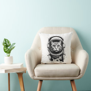 Coussin Chat d'astronaute noir et blanc
