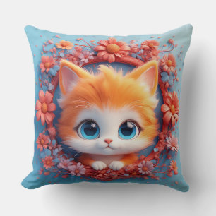 Coussin Chat de dessin animé adorable entouré de fleurs co