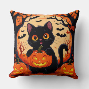 Coussin Chat de dessin animé et citrouilles sous la pleine