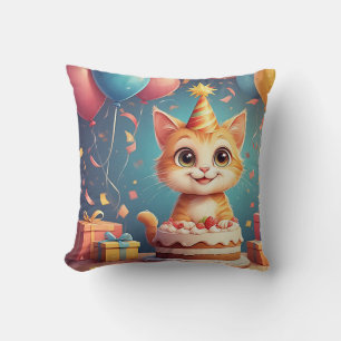 Coussin Chat de fête adorable avec gâteau et ballons