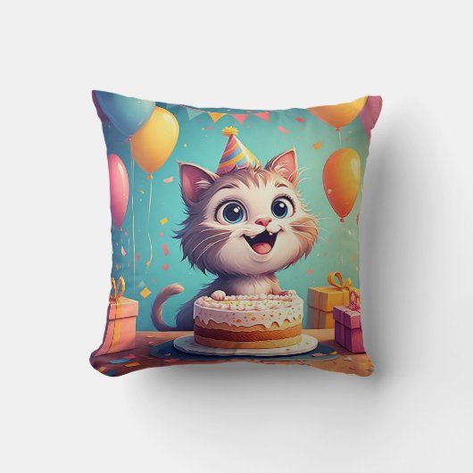 Coussin Chat de fête adorable avec gâteau et ballons (Recto)