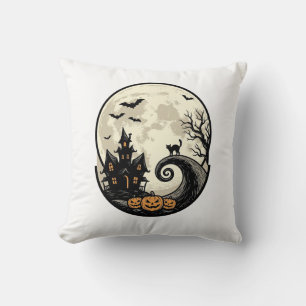 Coussin Chat de Halloween Vintage Maison Hantée Lune Vecte