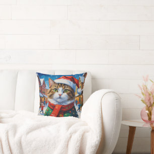 Coussin Chat de Noël à Santa Hat
