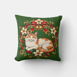 Coussin Chat de Noël Art Nouveau avec couronne de houx