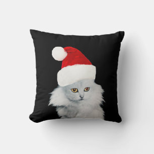 COUSSIN CHAT DE NOËL BLANC AVEC CASQUETTE SANTA CLAUS