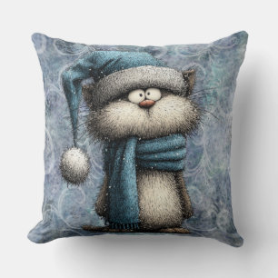 Coussin Chat de Noël bleu d'hiver avec chapeau et écharpe