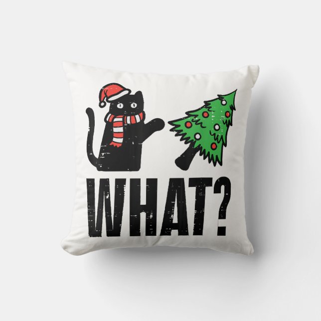 Coussin Chat de Noël renversant l'arbre de Noël Drôle (Recto)