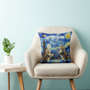 Coussin Chat de Noël Starry Night Kittymas, parodie de Noë