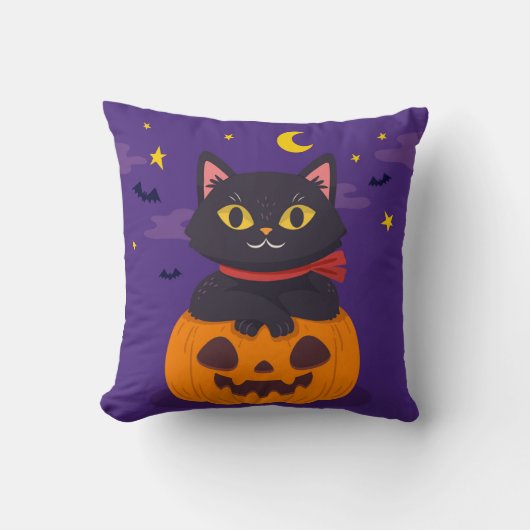 Coussin Chat d'Halloween assis sur la chauve-souris étoile (Recto)