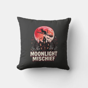 Coussin Chat d'Halloween en lumière de lune et méfaits