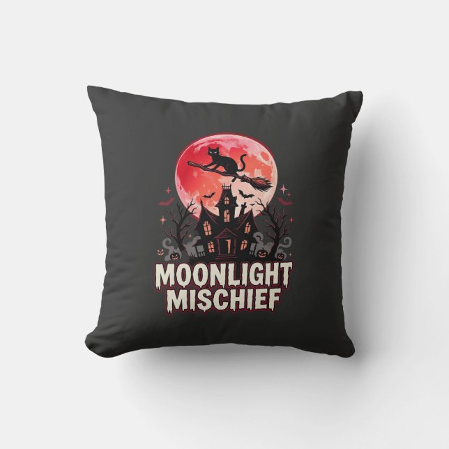 Coussin Chat d'Halloween en lumière de lune et méfaits (Recto)