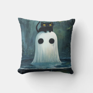 Coussin Chat d'Halloween et fantôme dans la piscine